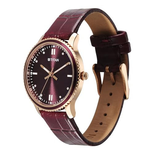 Titan Purple Sports Fashion Quartz Maroon Dial Leather Strap Watch for Women
