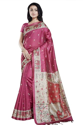 RANI SAAHIBA Women's Printed Art Tussar Silk Madhubani Saree With Blouse Piece (SKR11590_Magenta)