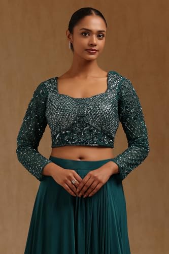 Soch Womens Teal Green Spandex Solid Ready To Wear Saree