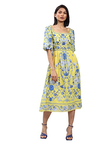 Label RITU KUMAR Yellow Floral Print Midi Dress