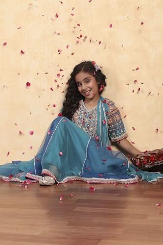 Biba Girls Blue Cotton Printed Kalidar Lehenga Set_4-5Y