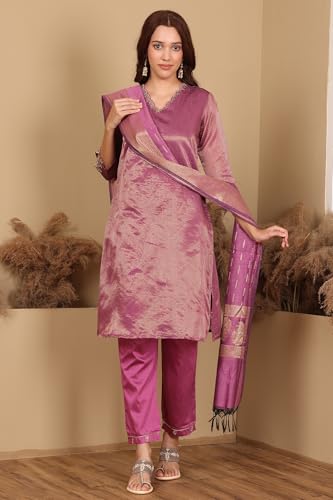 W for Woman Purple Chanderi Lurex Stripe Embroidered Kurta, Pants ad Dupatta Set (Size: XL)-24FEWS19932-313446