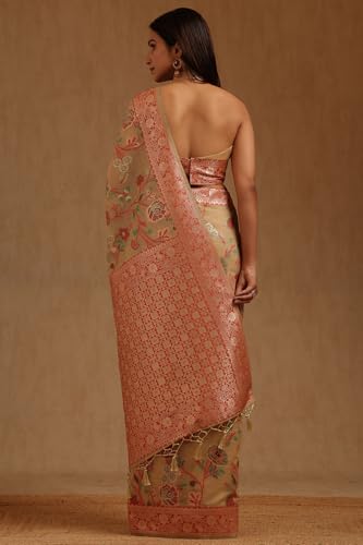 Soch Womens Beige Chanderi Floral Zari Woven Saree
