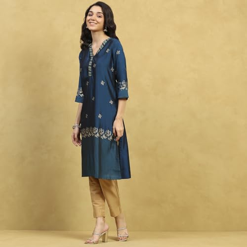 Rangriti Women Blue Polyester Blend Printed Straight Kurta_36