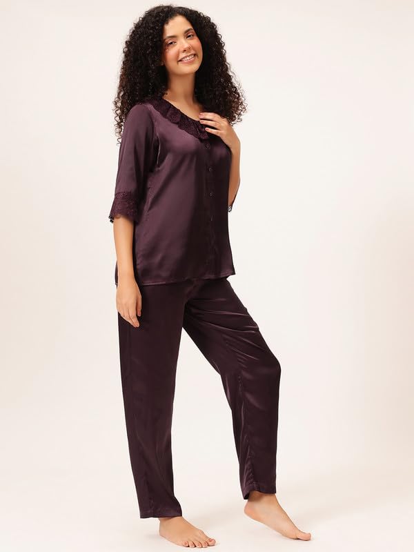 Clovia Women's Satin Button Down Top & Pyjama Set (LS5744G15_Purple_L)
