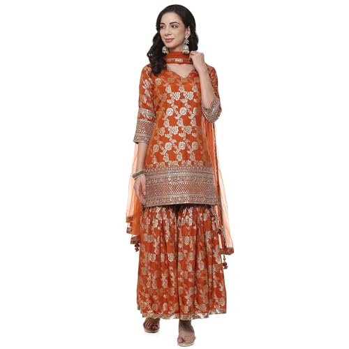 BIBA Women YARNDYED Straight SALWAR KURTA DUPATTA(SKDBANARASI8969_RUST_34)