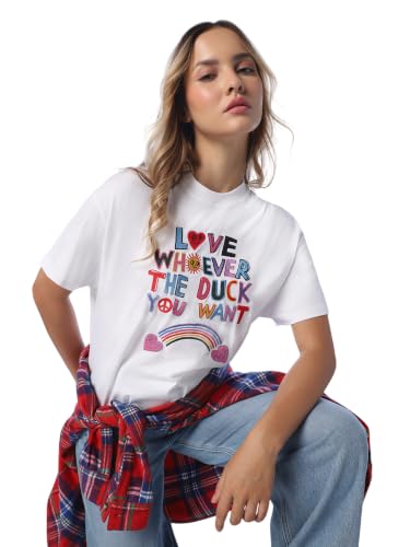 ONLY Women's Typographic Relaxed Fit White T-Shirt