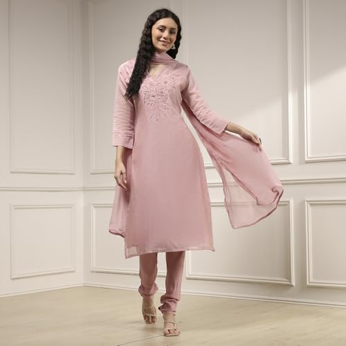 Biba Women Dusky Pink Chanderi Applique Unstitched Suit Set_FREE SIZE