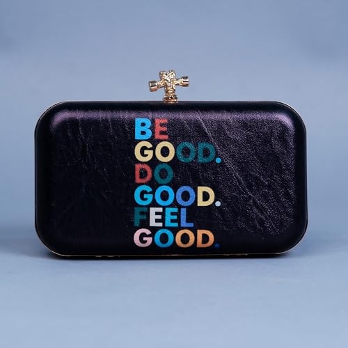 Artklim Black Based Quirky Caption Printed Leatherette Clutch Bag for Women