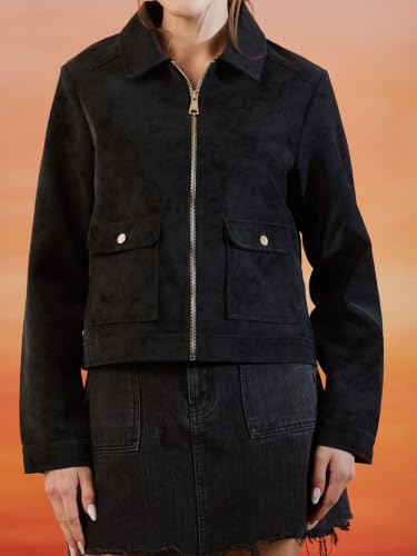 Latin Quarters Women's Black Solid Full Sleeves Collar Neck Casual Jacket_XL