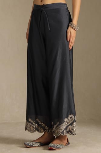 Soch Womens Charcoal Chanderi Embroidered Suit Set Sequins