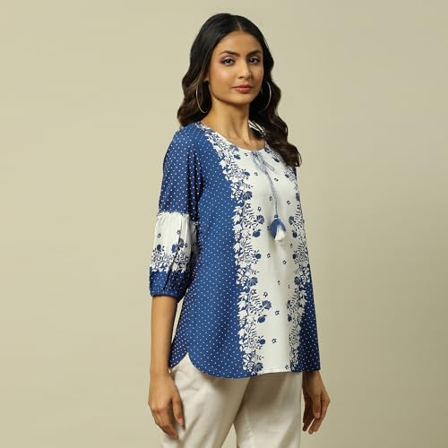 Rangriti Women's Regular Fit Blouse (RMMINDIETO18297SS23NBLUE_Blue