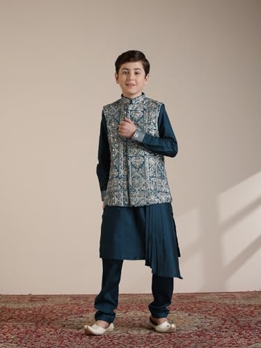 Manyavar Blended Viscose Self Design Kurta Jacket Pyjama Set for Child(6-8 years)