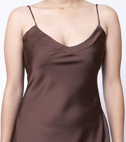 Sheux Elegant Satin Midi Dress with Shoulder Straps – Timeless Style Meets Effortless Glamour (S) Dresses for Women & Girls Brown