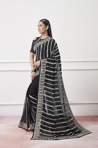 ORHANS Women's Georgette All-Over Fix Diamond Work Saree With Solid Printed And Art Silk Matching With Unstitched Blouse Piece |Saree For Office & College Party