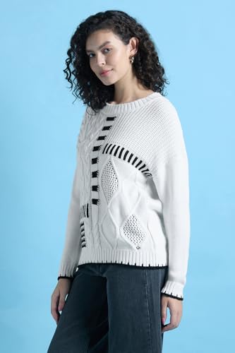 Women White Patterned Round Neck Casual Sweater