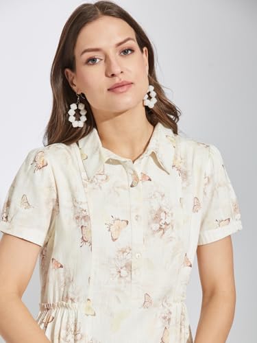 Latin Quarters Women White Collar Neck Half Sleeves Printed Above Knee Shirt Dress for Casual Wear_M