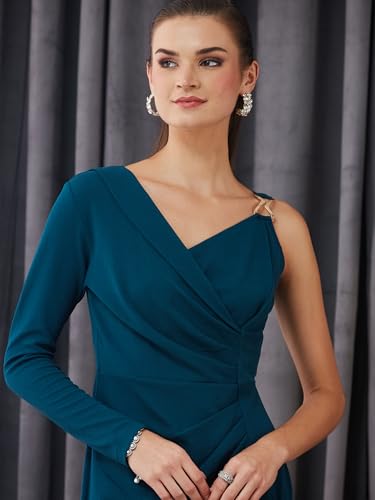Miss Chase Womens Asymmetric Shawl Collar Asymmetric Bodycon Above-Knee Dress (MCAW25D86-12-83-04, Teal, M)