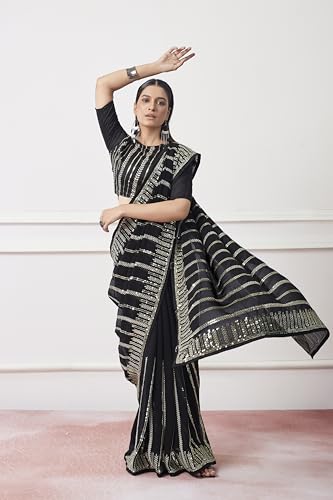 ORHANS Women's Georgette All-Over Fix Diamond Work Saree With Solid Printed And Art Silk Matching With Unstitched Blouse Piece |Saree For Office & College Party