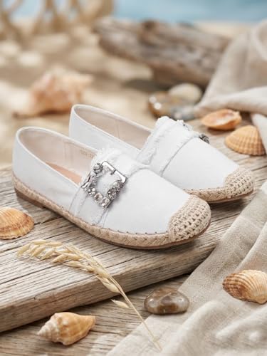 KLAUR MELBOURNE Women’s Denim-Style Espadrille Flats – Casual Slip-On Loafers with Rhinestone Buckle Edge Detail White