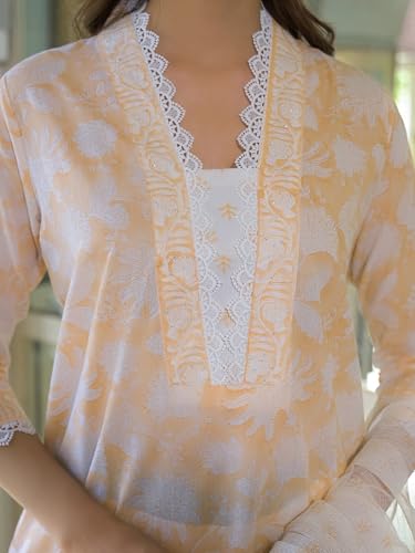 Divena Peach Block Print Cotton Straight Kurta Pant with Dupatta
