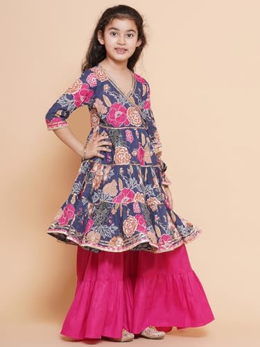 Bitiya By Bhama Girls Blue & Pink Floral Printed Angrakha Pure Cotton Gotta Patti Kurta With Sharara(TKS104)