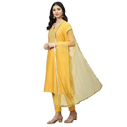 Biba Women Polycotton Printed Narrow Salwar Kurta Dupatta(Skdassorted8331_Mustard_36)