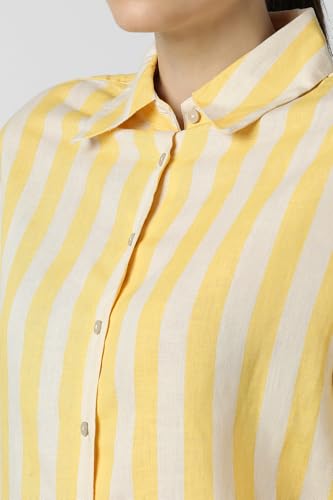 Women Yellow Stripe Long Sleeves Casual Shirt