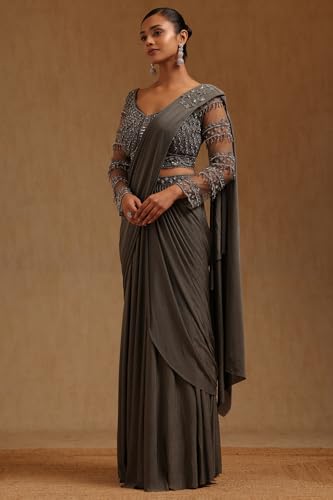 Soch Womens Olive Spandex Solid Ready to Wear Saree With Beads And Stones