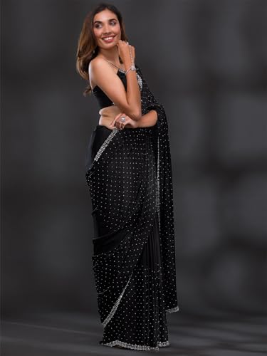 TRENDMALLS Women's Satin Georgette Siroski work Saree with Unstitched Blouse Piece (K1086-Black)