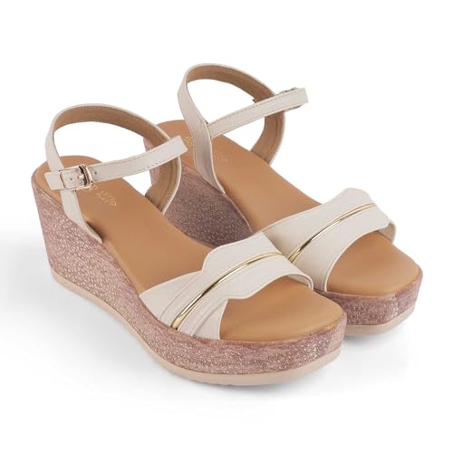 tresmode SANET Women's Wedges Sandals Platform Heels Cream, 5 UK / 38 EU - Round Open Toe Comfortable Soft Footwear - Vegan Friendly Durable