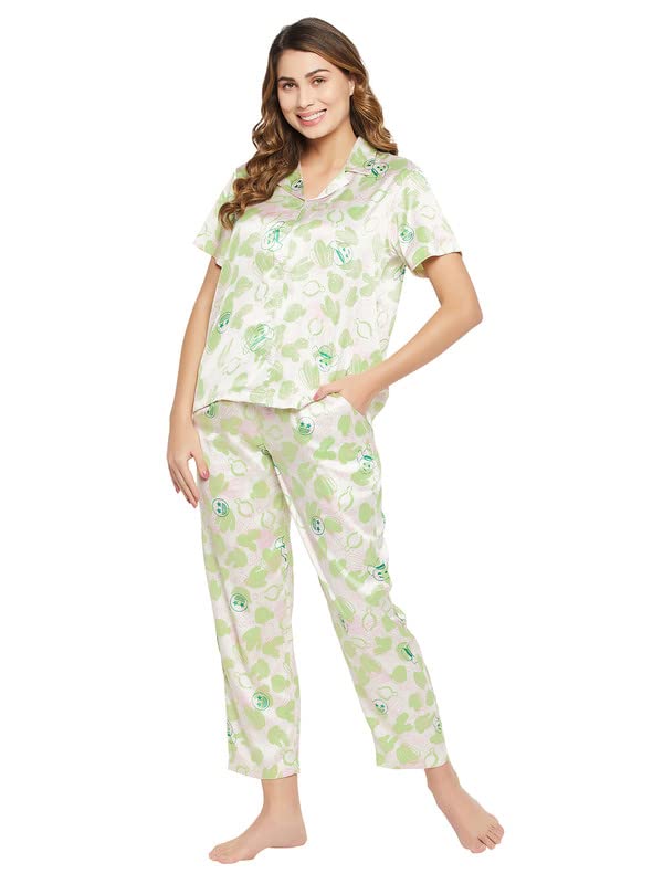 Clovia Women's Crepe Print Me Pretty Button Down Shirt & Pyjama Set in White (LS0385Q18_White_XXL)