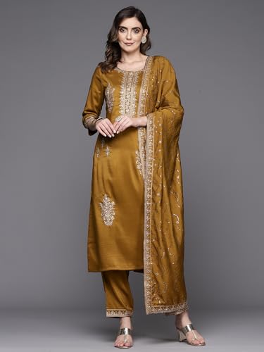 INDO ERA Silk Blend Mustard Straight Embroidered Kurta Pant with Dupatta Set for Women (Kh9Mt7107_X-Small)