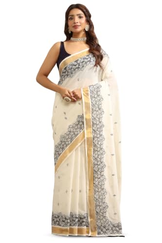 Soch Womens Navy Blue Cotton Kasavu Embroidered Saree With Cutwork