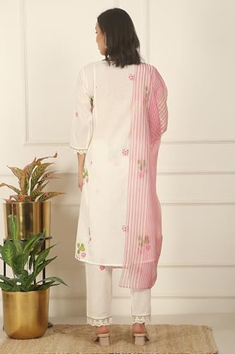 W for Woman White Floral Printed Checker Cotton A-line Kurta, Pants and Dupatta Set (Size: 2XL)-WS12519-125534