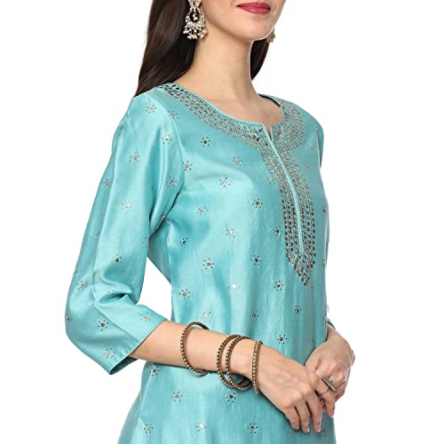 BIBA Women's Ethnic Turquoise Cotton Kurta Suit Set (Size_2XL)