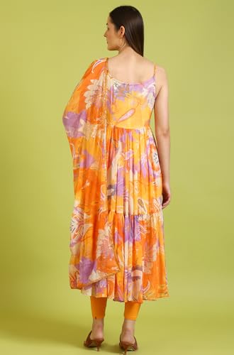 W for Woman Orange Abstract Printed Tiered Spaghetti Kurta and Leggings Set with Dupatta (Size: XL)-WS11527-123741