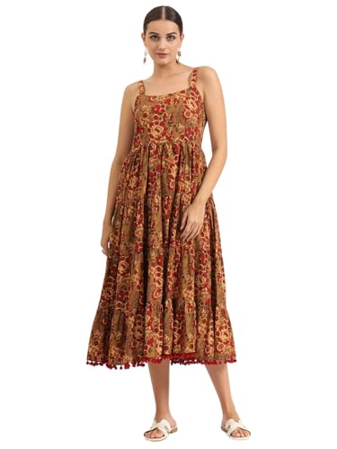 Divena Brown Floral Print Pure Cotton Fit & Flare Dress