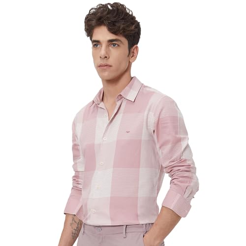 MUFTI Men Casual Shirt | Slim Fit Spread Collar Checked Design | 100% Cotton Breathable Fabric with Full Sleeves & Curved Hem | Perfect for Smart Casual Outings| Soft Pink 6XL