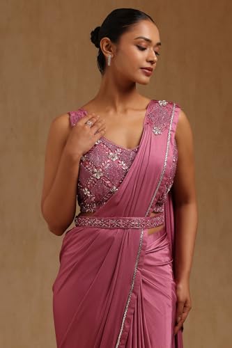 Soch Womens Blush Pink Spandex Solid Ready To Wear Saree