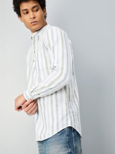 Max Men's Full Sleeves Mandarin Collar Striped Cotton Short Kurta White