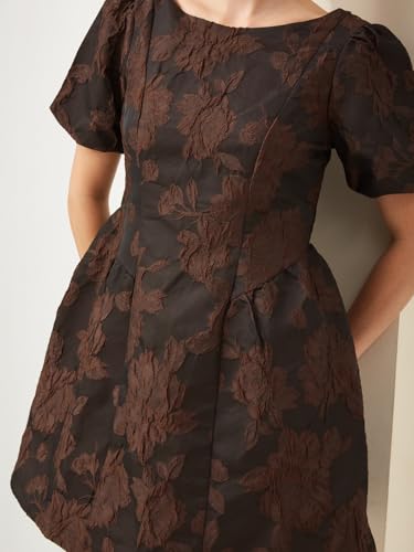 Latin Quarters Women Brown Boat Neck Short Sleeves Fit & Flare Textured Party Dress_S