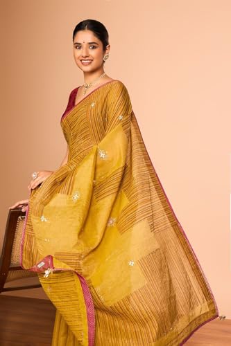 Taneira Women Yellow Pure Tissue Cotton Printed Embroidered Saree with Unstitched Blouse Piece (SAIP20AC2558-Yellow)
