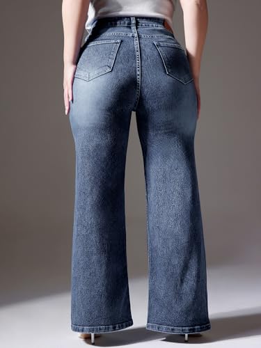 Miss Chase A+ Women's Wide Leg High Rise Regular Length Stretchable Denim Jeans (APSS25DEN78-10-354-28, Prussian Blue, 28)