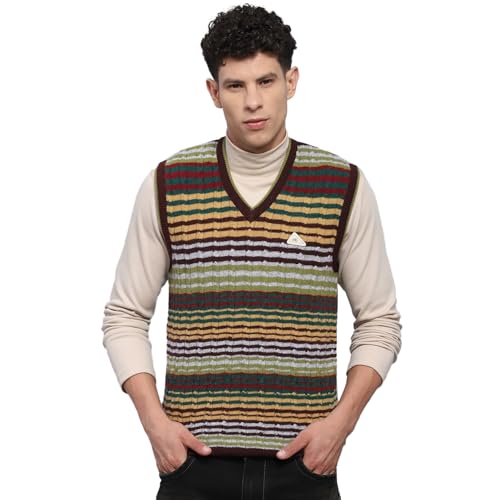 Monte Carlo Mens Striped Multi Color V Neck Sleeveless Sweater (1239195SL-2-44)