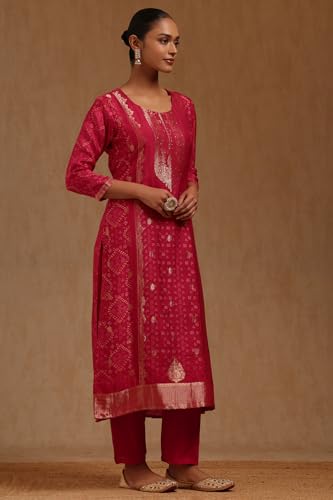 Soch Womens Fuchsia Dola Silk Bandhani Print Kurta Set With Zari Woven