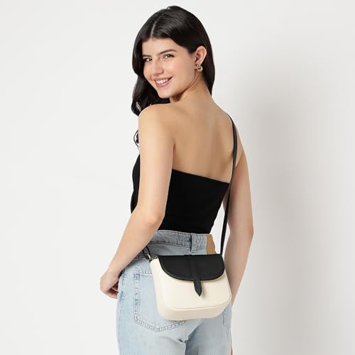 Fastrack RufflePlay Black Sling | Faux-Leather Women’s Handbag | Textured Flap Sling with Button Closure & Adjustable Strap