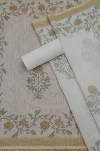 Soch Womens Off White Linen Blend Floral Print Unstitched Dress Material With Cutdana