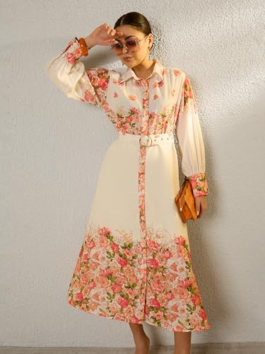Sassafras Women Off White Floral Midi Belted Shirt Dress-M