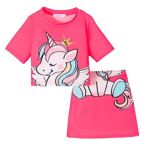 Hopscotch Girls Short Sleeves Pink 2-Pc Unicorn T-shirt & Skirt (3-4 Years)